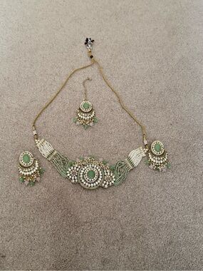 Green and Gold Traditional Kundan Necklace Set - Women Jewelry